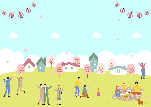 Enjoying Spring People Enjoying Spring Cherry Blossom Viewing Stock Illustration ...