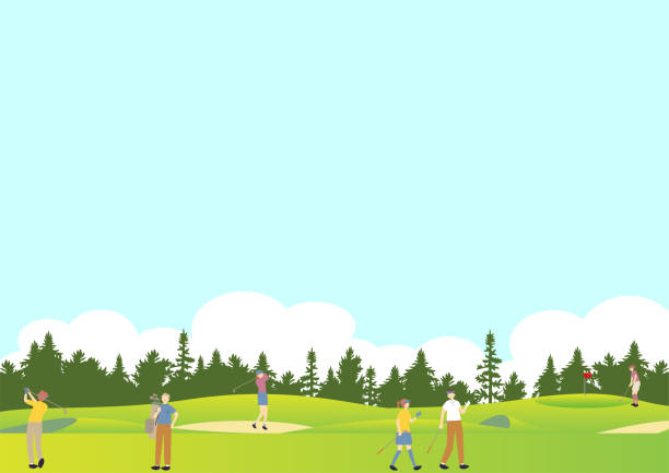 illustrazioni stock, clip art, cartoni animati e icone di tendenza di illustrazione di persone che si divertono a giocare a golf - golf golf club golf course teeing off