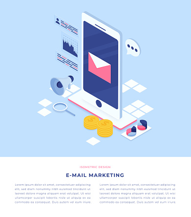 E-Mail Marketing Concept Flat Style Isometric 3D Vector Illustration Template for UI, web banner, mobile app.