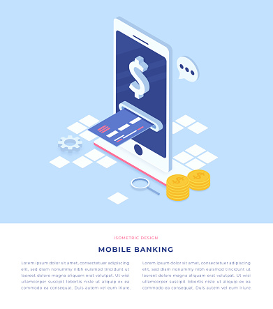 Mobile Banking Concept Flat Style Isometric 3D Vector Illustration Template for UI, web banner, mobile app.