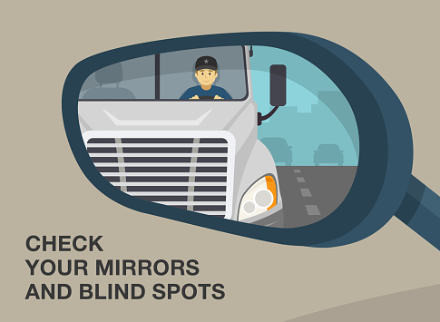 Safety driving tips and traffic rules. Close-up of a vehicle wing mirror. Reflection of a truck in a car rear view mirror. Check your mirrors and blind spot. Flat vector illustration template.