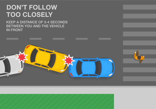 횡단보도에서 길을 건너는 남자. 연쇄 반응 충돌의 상위 뷰입니다. 도로에서 안전 거리를 유지하십시오. - rules of the road stock illustrations