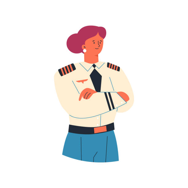 ilustraciones, imágenes clip art, dibujos animados e iconos de stock de piloto femenina en uniforme, ilustración vectorial plana aislada sobre fondo blanco. mujer trabajando como piloto en el avión. conceptos de trabajos y ocupaciones. - one person adult air vehicle commercial airplane