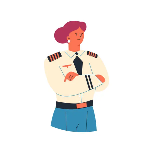 Vector illustration of Female pilot in uniform, flat vector illustration isolated on white background. Woman working as pilot on the plane. Concepts of jobs and occupations.