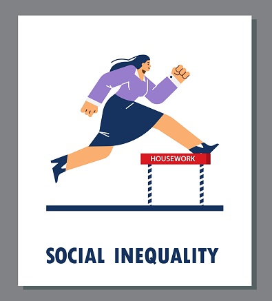 Businesswoman overcoming obstacle in career competition, poster template - flat vector illustration. Social inequality concept. Woman running to succeed in job or work.