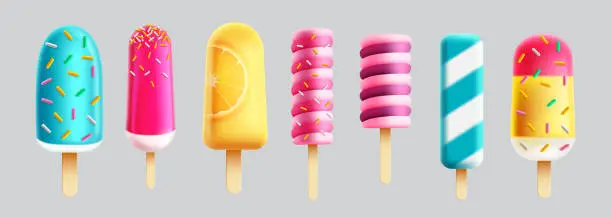 Vector illustration of Summer ice pop vector set. Summer popsicle refreshments and ice cream sweet desserts.