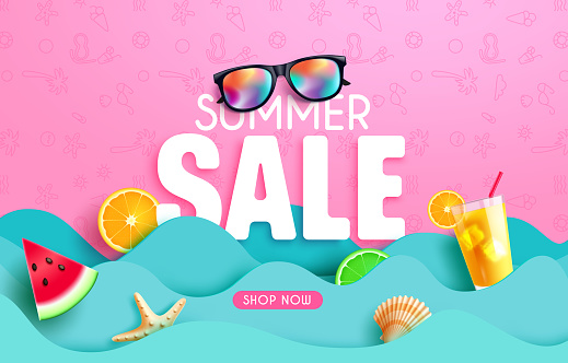 Summer sale vector banner design. Summer promo offer text with paper cut wave and beach elements in pattern background. Vector illustration flyer promotion ads.