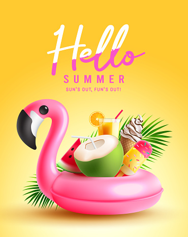 Summer hello vector poster design. Hello summer text with flamingo floater and colorful beach elements. Vector illustration tropical seasonal background.