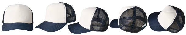 conjunto de colección de plantillas de maqueta de sombrero de camionero azul y blanco, varios ángulos aislados recortados - baseball cap hat multiple image color image fotografías e imágenes de stock