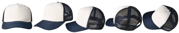 Set of blue and white trucker cap hat mockup template collection, various angle isolated cut out