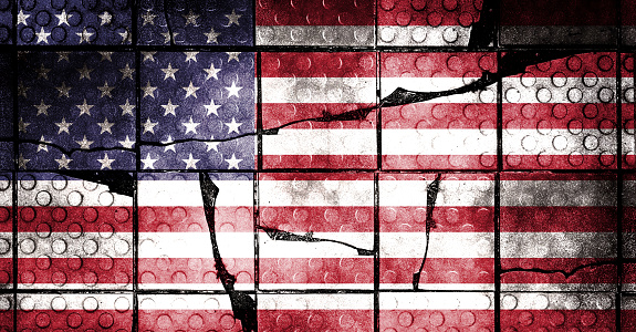 Double exposure of creepy American flag. Basemap or background use. Double exposure creative hologram