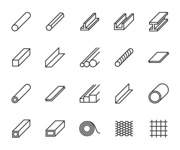 강철 및 금속 선 아이콘의 벡터 세트입니다. 아이콘 강철 모서리, 막대, 시트, 스트립, 파이프, 프로필, 빔, 전기자, 압연 강철 등이 포함되어 있습니다. 완벽한 픽셀. - trapezoid stock illustrations