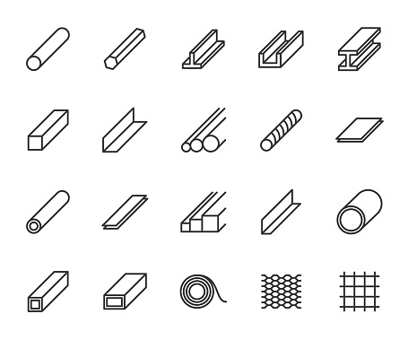 Vector set of steel and metal line icons. Contains icons steel corner, rod, sheet, strip, pipe, profile, beam, armature, rolled steel and more. Pixel perfect.