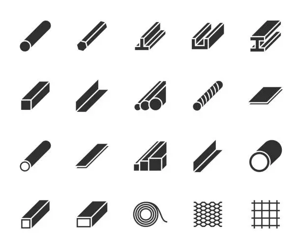 Vector illustration of Vector set of steel and metal flat icons. Contains icons steel corner, rod, sheet, strip, pipe, profile, beam, armature, rolled steel and more. Pixel perfect.