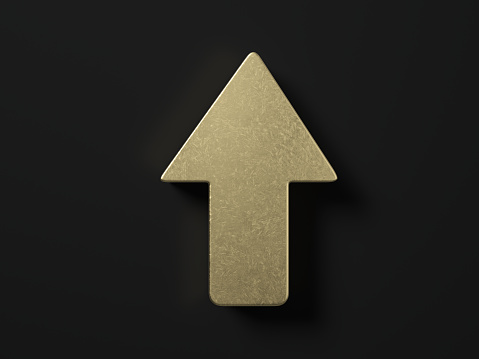 Gold arrow symbol on a black background. 3d illustration.