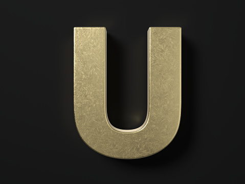 Gold letter U on a black background. 3d illustration.