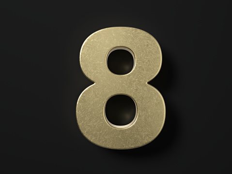 Gold number eight on a black background. 3d illustration.