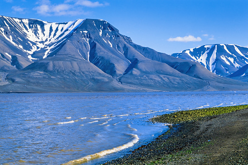 Scenic view at a fjord and mountains at Spitsbergen