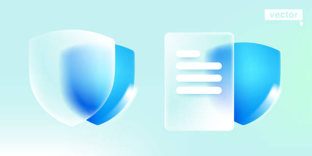 illustrations, cliparts, dessins animés et icônes de bouclier bleu et document. icône de protection de site web dans le style glassmorphism avec dégradé, flou et transparence. - image stéréoscopique