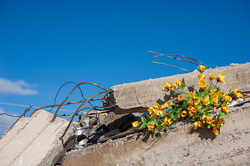 Artificial flower stuck between the collapsed building in the earthquake