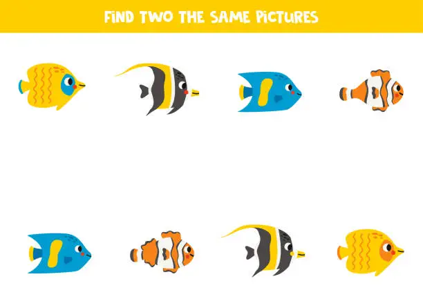 Vector illustration of Find two the same reef fish. Educational game for preschool children.