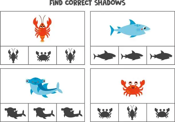 Vector illustration of Find the correct shadows of pictures. Clip cards for preschool kids. Sea animals.