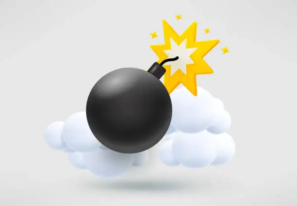 Vector illustration of Black metal bomb with fire. 3d vector illustration