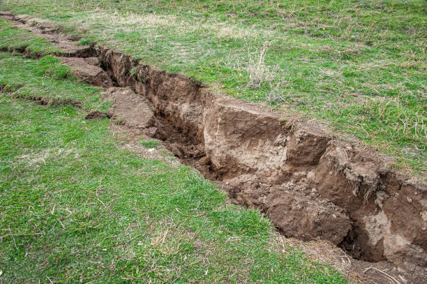 Deep earthquake crack on the fault line - horizontal view