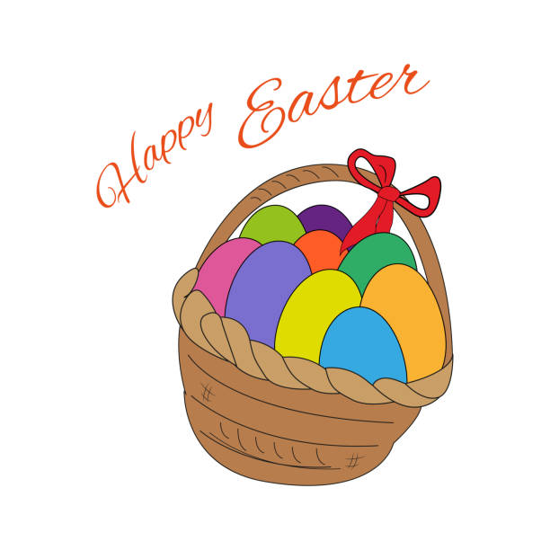 illustrazioni stock, clip art, cartoni animati e icone di tendenza di uova colorate in un paniere. decorazione tradizionale. scritte a mano. vacanze di pasqua. - easter traditional culture backgrounds basket