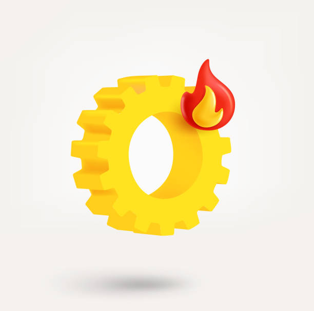 Yellow metal gear with flame symbol. 3d vector icon isolated on white background Yellow metal gear with flame symbol. 3d vector icon isolated on white background flamming stock illustrations