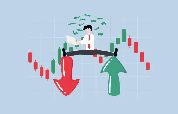 Vector illustration of Making profit from both rising and falling markets, skillful analysis of market trends, professional investment concept, Smart businessman making money from trading on both up and down arrows.
