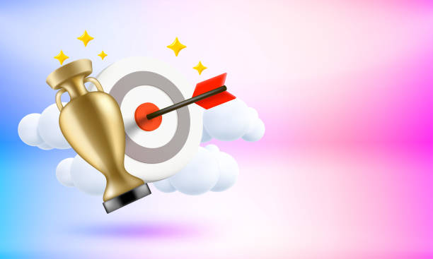 istock Shoot on goal concept. Target, dart and golden trophy. 3d vector banner with copy space 1469399174