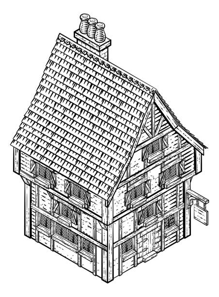 ilustraciones, imágenes clip art, dibujos animados e iconos de stock de mapa de construcción medieval icono ilustración vintage - tudor style house residential structure cottage