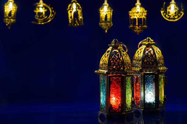 istock Golden lanterns put on dark blue background with decorated lights 1469407709