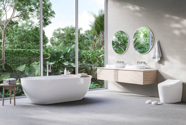 istock Modern contemporary loft style bathroom with tropical style nature view 3d render 1469412265