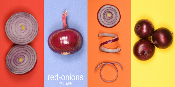 Creative layout made of red onion. High resolution photo. Full depth of field.