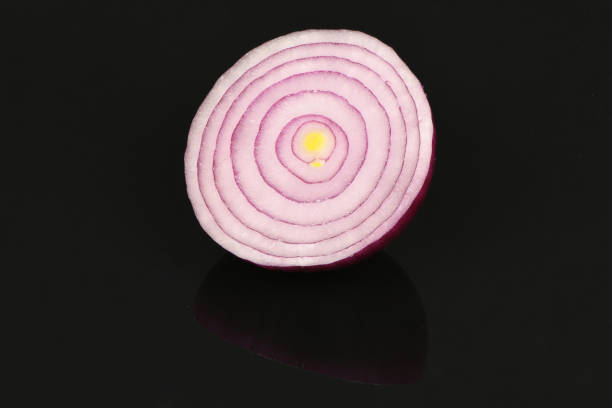 Red onion bulb isolated on acrylic black background. High resolution photo. Full depth of field.