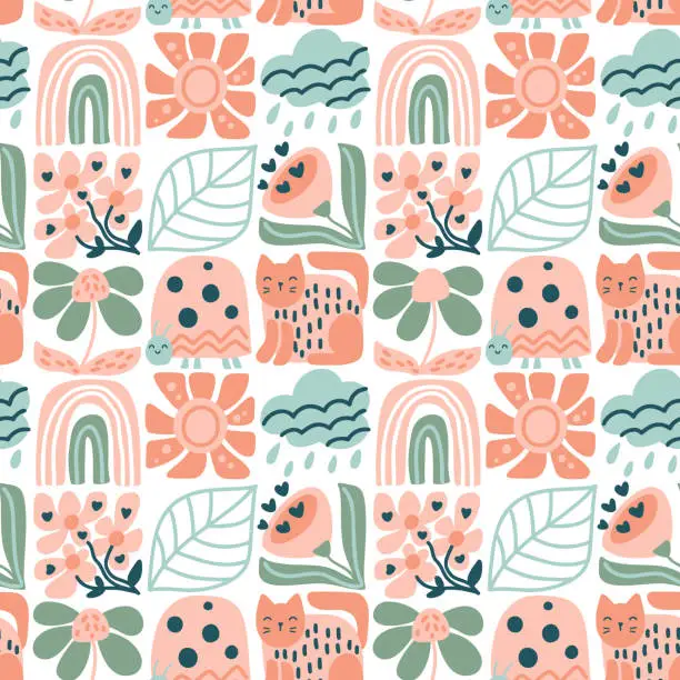 Vector illustration of Floral seamless pattern spring with hand drawing wild flowers and animal. Simple scandinavian botanical design for fabrics, tile mosaic, scrapbooking. Vector illustration