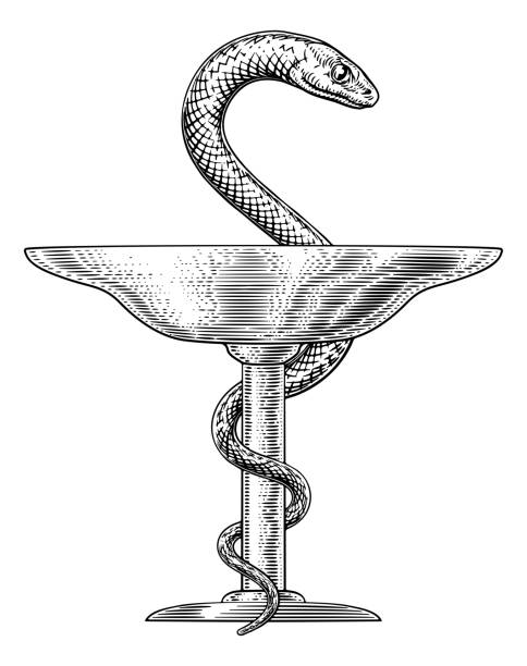 Bowl of Hygieia medical symbol, sign or icon for Pharmacy or a Pharmacist. A cup with a snake wrapped or intertwined around it.