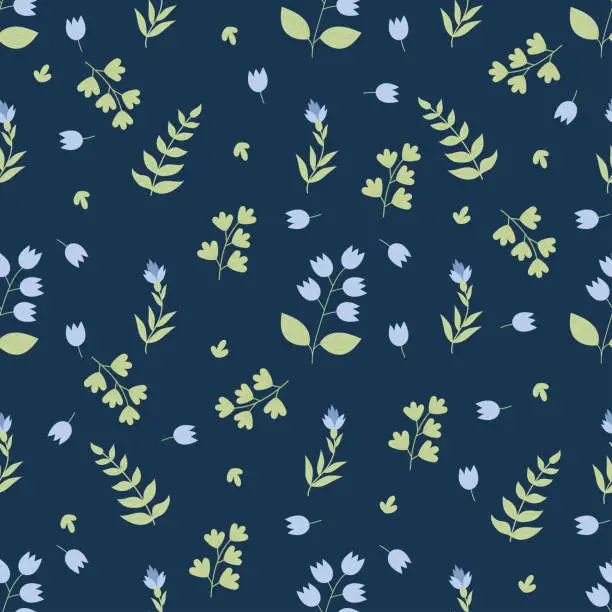 Vector illustration of Floral seamless pattern. Blue decorative flowers and branches on dark blue background. Vector illustration in flat style.