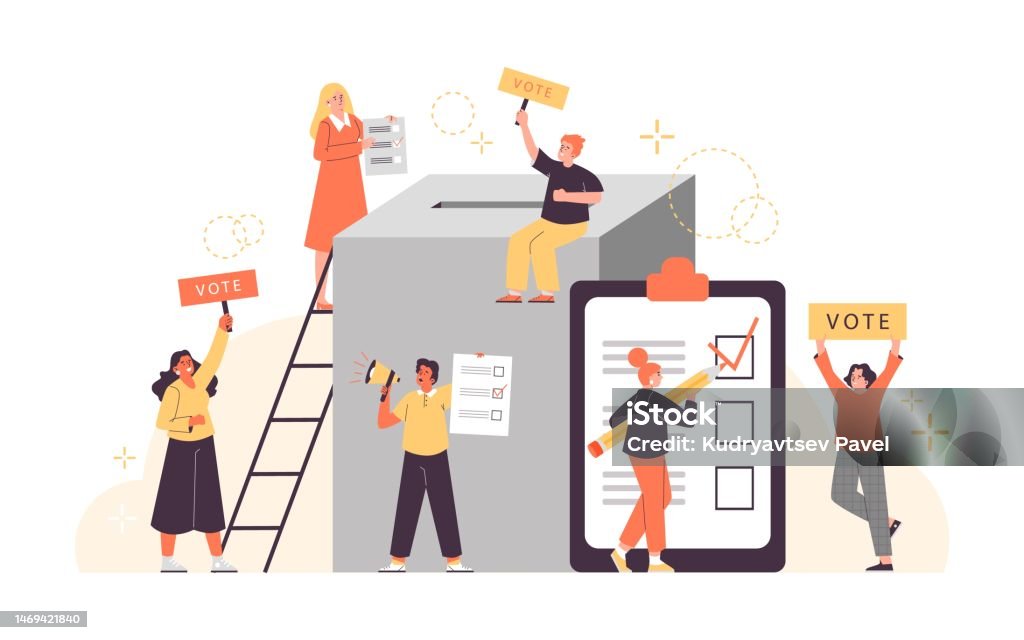 Compulsory Voting Visual Activists Hold Posters Calling For Voting Flat Vector Illustration ...