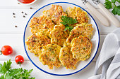 Chicken cutlets made from minced meat, onion, garlic and fresh herbs on a plate on a white wooden background. Top view, selective focus.