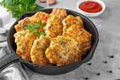 Chicken cutlets made from minced meat, onion, garlic and fresh herbs in a frying pan on a gray concrete background. Top view, selective focus.