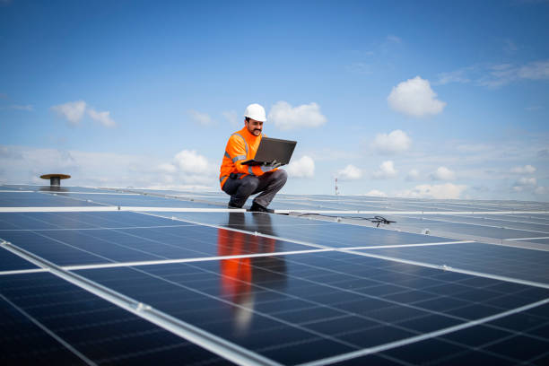 istock Checking productivity of solar panels installed on factory. 1469432223