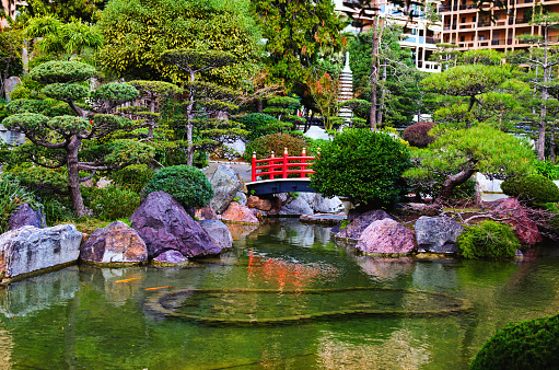 Picturesque landscape view of Japanese Garden or Jardin Japonais is a municipal public park in Monte Carlo in Monaco. Famous touristic place and travel destination in Europe.