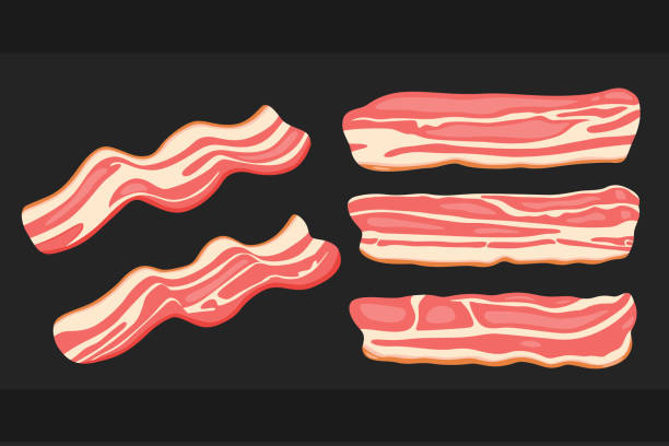 Raw bacon slices flat vector illustration. Raw bacon slices flat vector illustration. Tasty breakfast meal ingredient isolated clipart. bacon stock illustrations