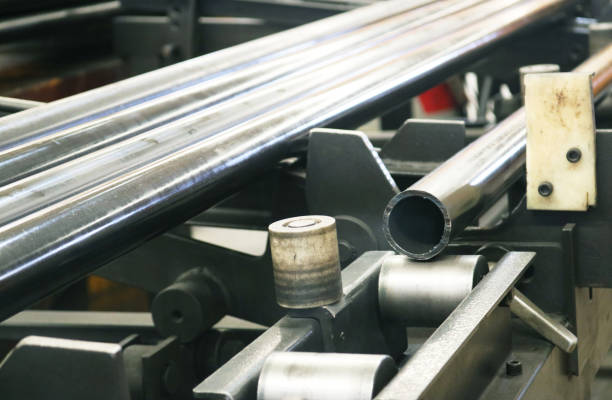 istock Galvanized steel round pipe in production line. 1469432599