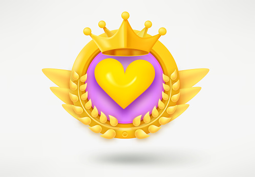 Golden game rank emblem with heart and wreath. Game achievement 3d badge isolated on white background