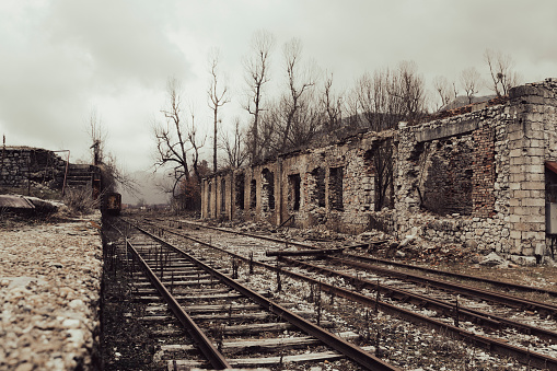A view of an abandoned railroad station on a disused railroad, Gracac, Croatia