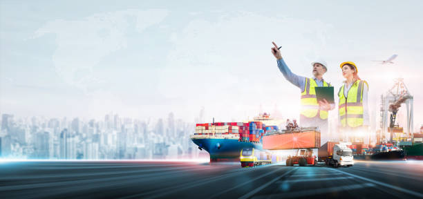 istock Engineer working at industrial port and construction container checking inspection concept, Global business logistics and transportation import export cargo freight ship distribution with copy space 1469437662